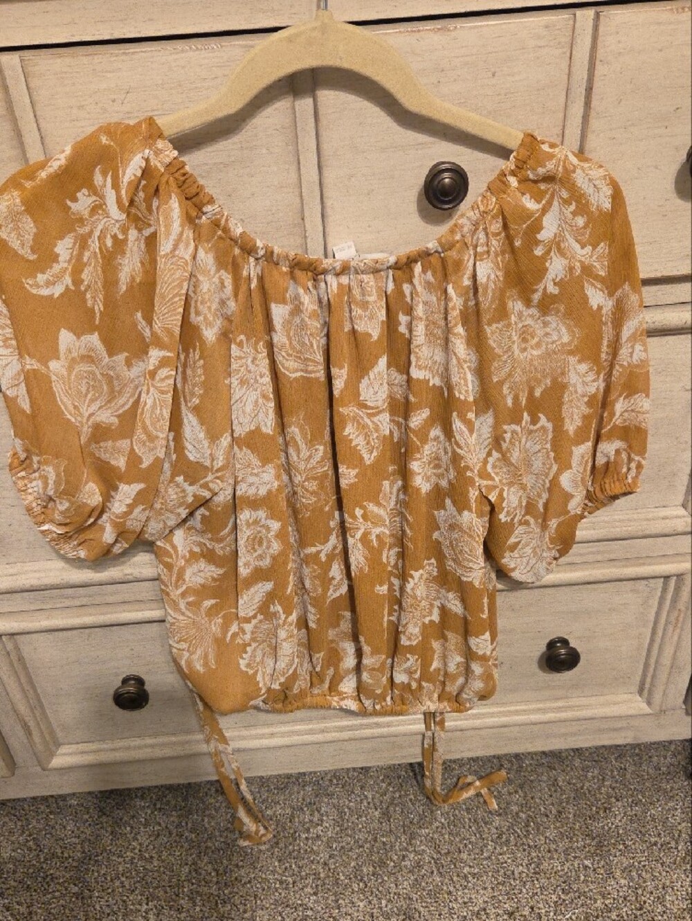 LOFT Mustard Floral Peasant Blouse with Drawstring - Picture 3 of 6